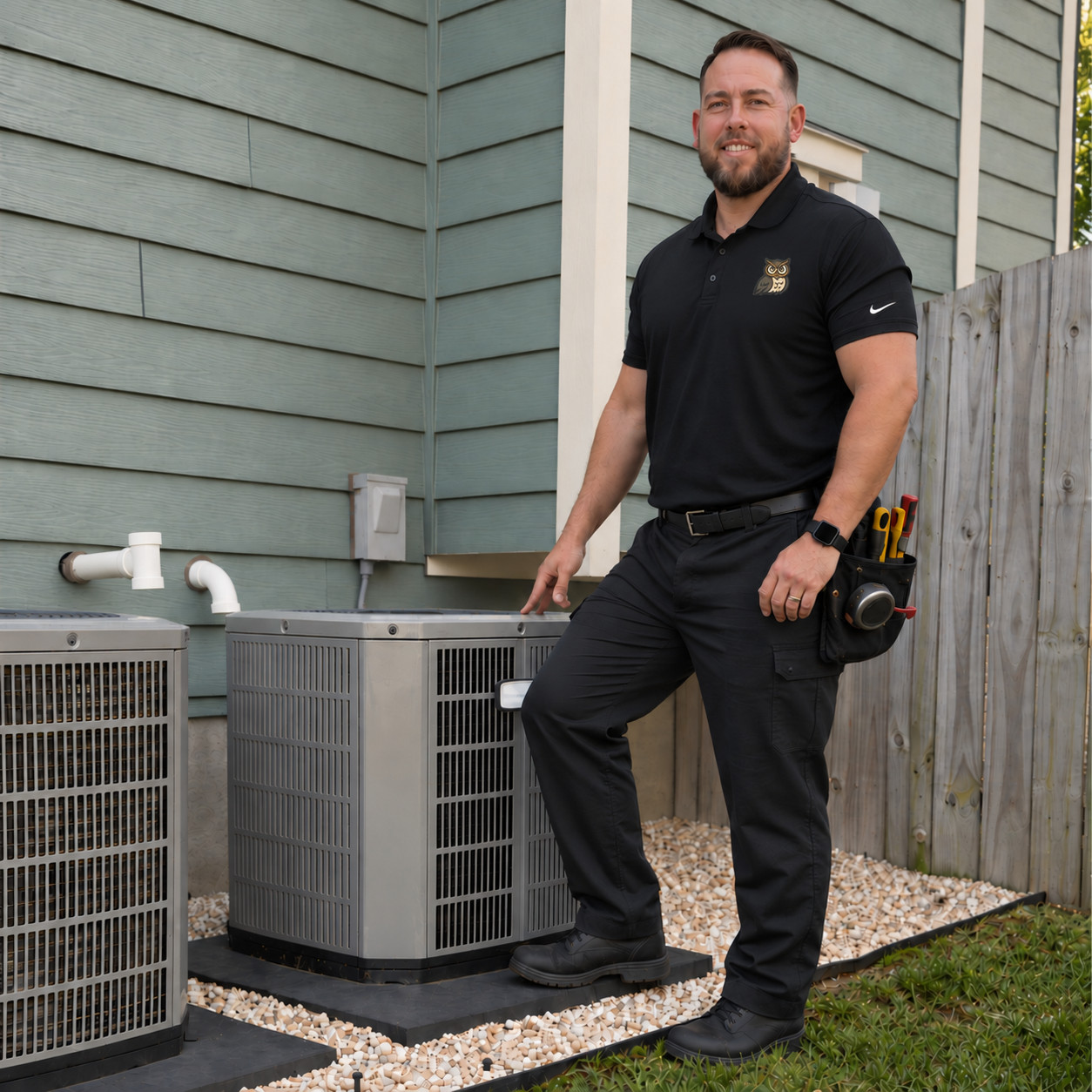 Brad Harriott, General Manager of Tru72 Heating & Cooling in Raleigh, beside a home's outdoor condensing units