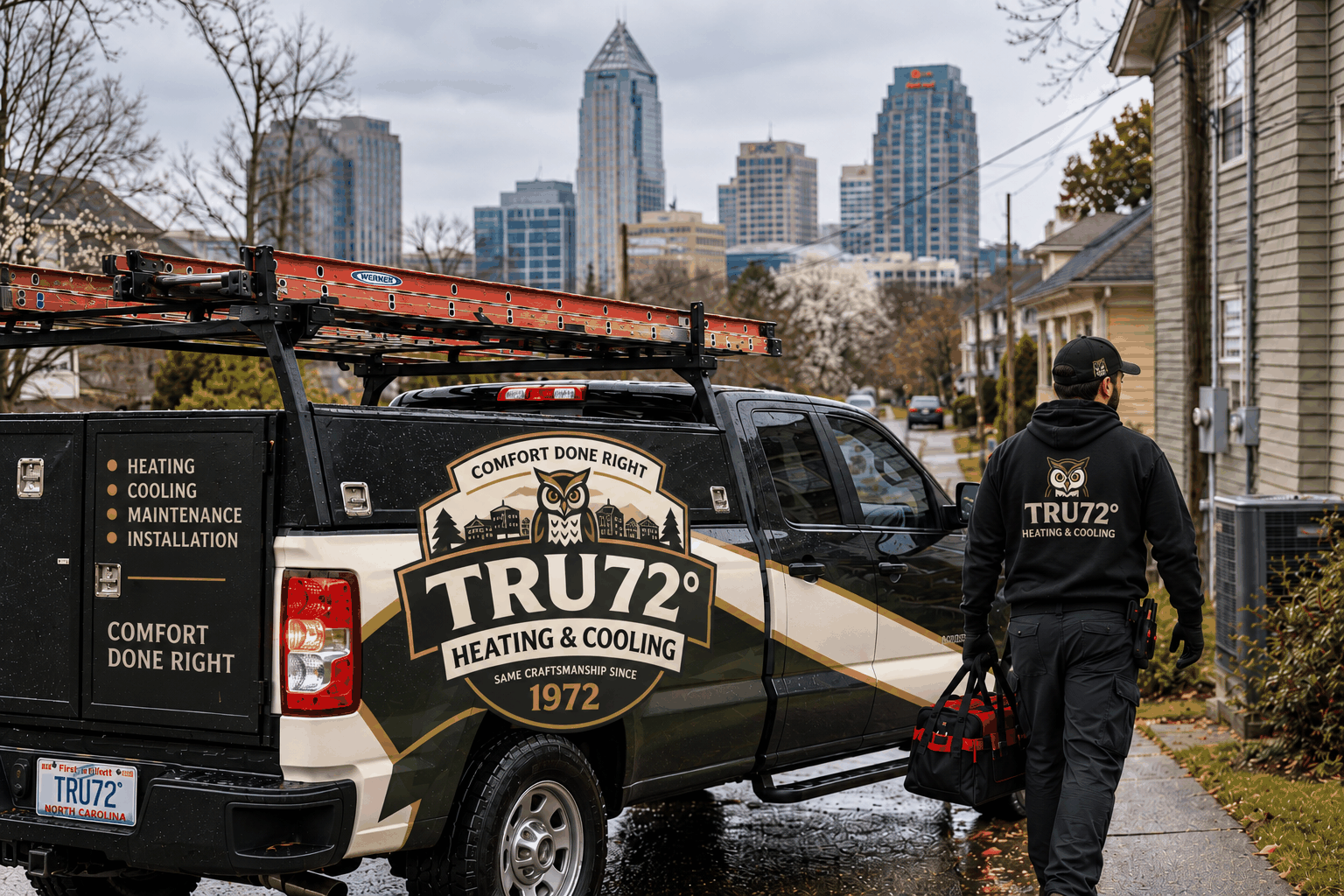 A Tru72 technician carrying a tool bag up a driveway to a house, past a wrapped Tru72 pickup with a ladder rack, the downtown Raleigh skyline behind them